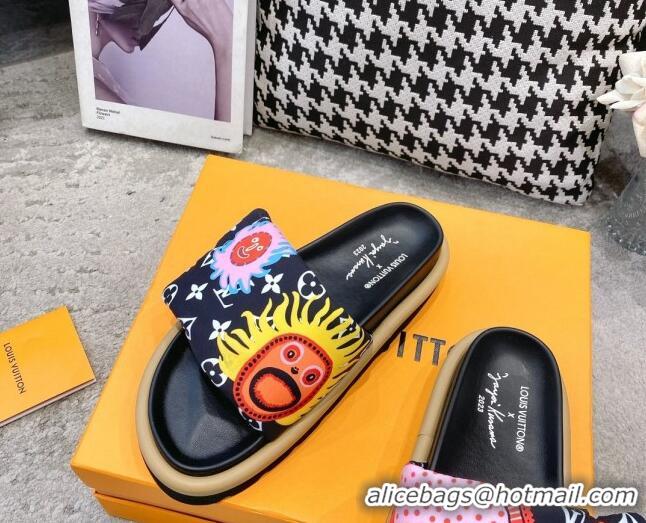 Luxury Louis Vuitton LV x YK Pool Pillow Flat Comfort Slide Sandals in Embroidered Monogram Nylon Black 608026