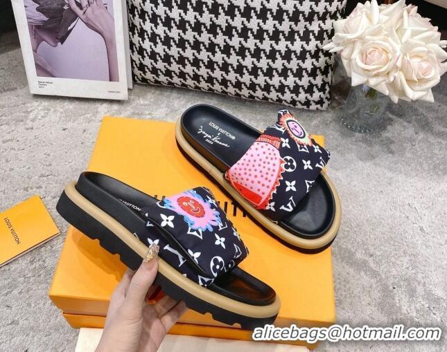 Luxury Louis Vuitton LV x YK Pool Pillow Flat Comfort Slide Sandals in Embroidered Monogram Nylon Black 608026