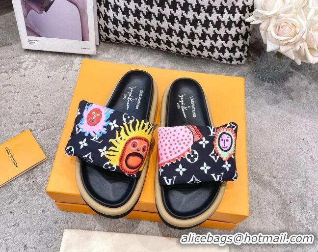 Luxury Louis Vuitton LV x YK Pool Pillow Flat Comfort Slide Sandals in Embroidered Monogram Nylon Black 608026