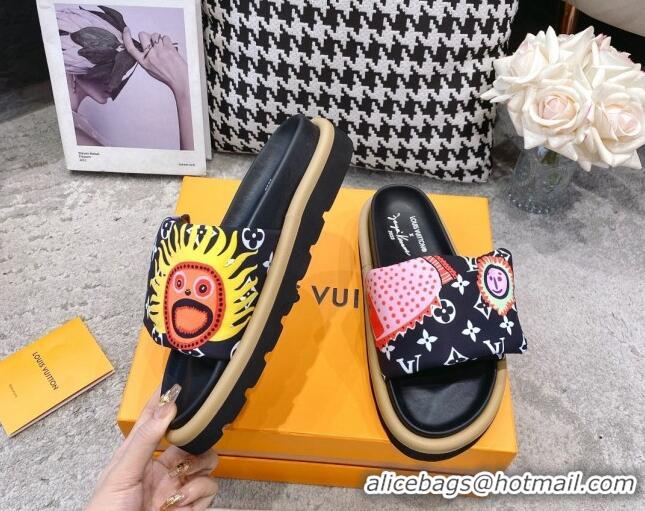 Luxury Louis Vuitton LV x YK Pool Pillow Flat Comfort Slide Sandals in Embroidered Monogram Nylon Black 608026