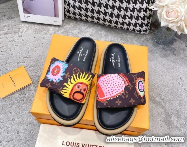 Good Product Louis Vuitton LV x YK Pool Pillow Flat Comfort Slide Sandals in Embroidered Monogram Nylon Brown 608027