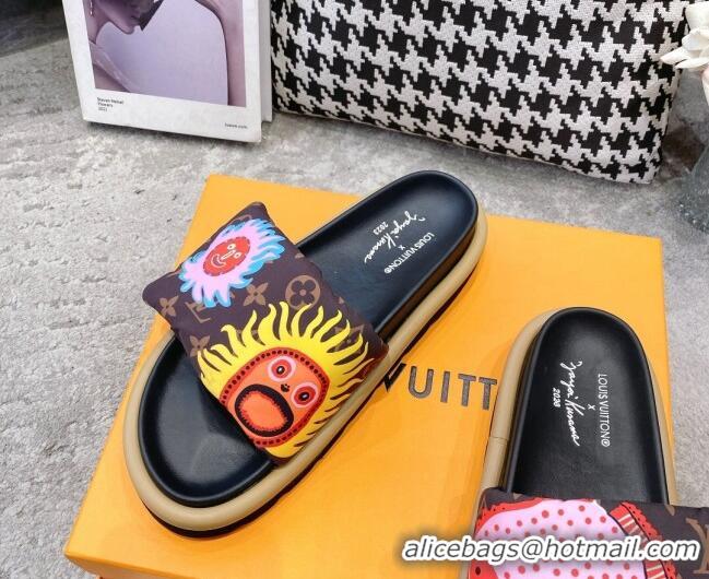 Good Product Louis Vuitton LV x YK Pool Pillow Flat Comfort Slide Sandals in Embroidered Monogram Nylon Brown 608027