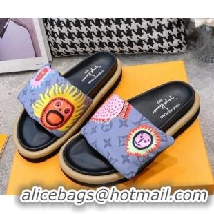 Good Looking Louis Vuitton LV x YK Pool Pillow Flat Comfort Slide Sandals in Embroidered Monogram Nylon Grey 608028