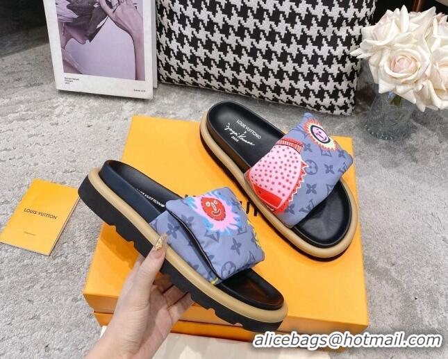 Good Looking Louis Vuitton LV x YK Pool Pillow Flat Comfort Slide Sandals in Embroidered Monogram Nylon Grey 608028