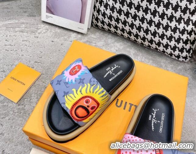 Good Looking Louis Vuitton LV x YK Pool Pillow Flat Comfort Slide Sandals in Embroidered Monogram Nylon Grey 608028