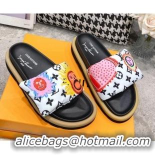 Grade Louis Vuitton LV x YK Pool Pillow Flat Comfort Slide Sandals in Embroidered Monogram Nylon White 608029