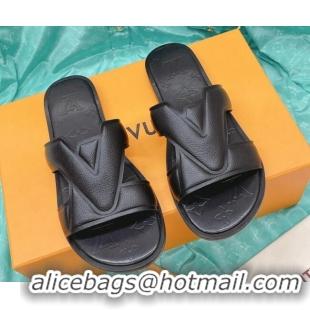 Luxury Louis Vuitton LV Oasis Flat Slide Sandals in Grained Leather Black 1AA4CB 608030