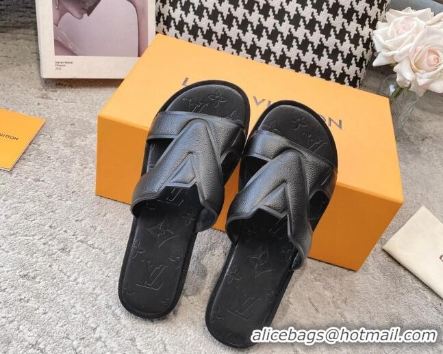 Luxury Louis Vuitton LV Oasis Flat Slide Sandals in Grained Leather Black 1AA4CB 608030