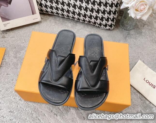 Luxury Louis Vuitton LV Oasis Flat Slide Sandals in Grained Leather Black 1AA4CB 608030