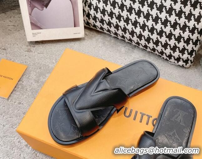 Luxury Louis Vuitton LV Oasis Flat Slide Sandals in Grained Leather Black 1AA4CB 608030