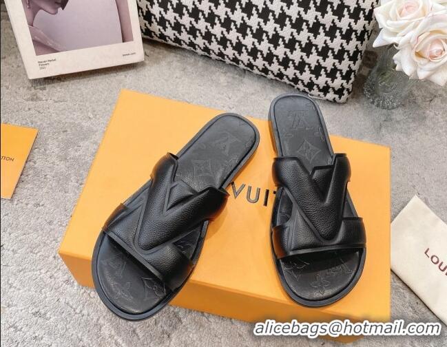 Luxury Louis Vuitton LV Oasis Flat Slide Sandals in Grained Leather Black 1AA4CB 608030