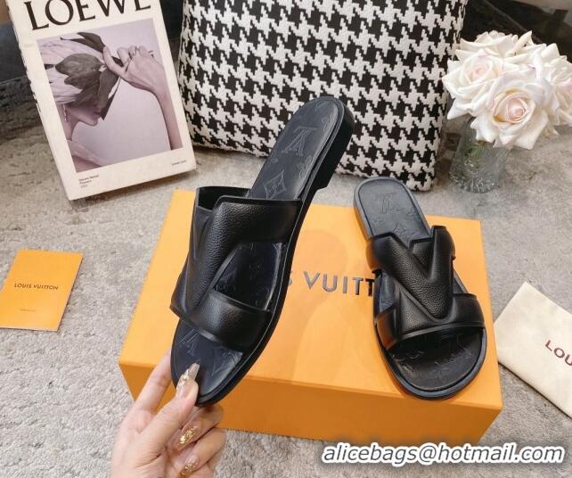 Luxury Louis Vuitton LV Oasis Flat Slide Sandals in Grained Leather Black 1AA4CB 608030