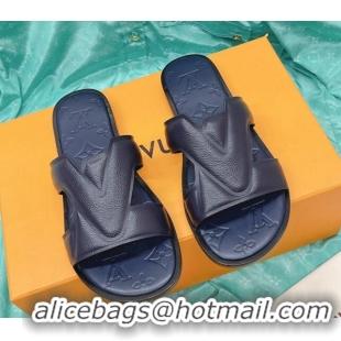 Top Design Louis Vuitton LV Oasis Flat Slide Sandals in Grained Leather Navy Blue 1AA4CB 608032