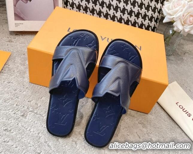 Top Design Louis Vuitton LV Oasis Flat Slide Sandals in Grained Leather Navy Blue 1AA4CB 608032