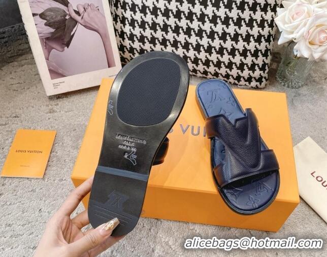 Top Design Louis Vuitton LV Oasis Flat Slide Sandals in Grained Leather Navy Blue 1AA4CB 608032