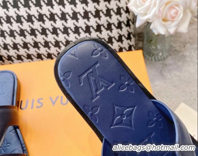 Top Design Louis Vuitton LV Oasis Flat Slide Sandals in Grained Leather Navy Blue 1AA4CB 608032