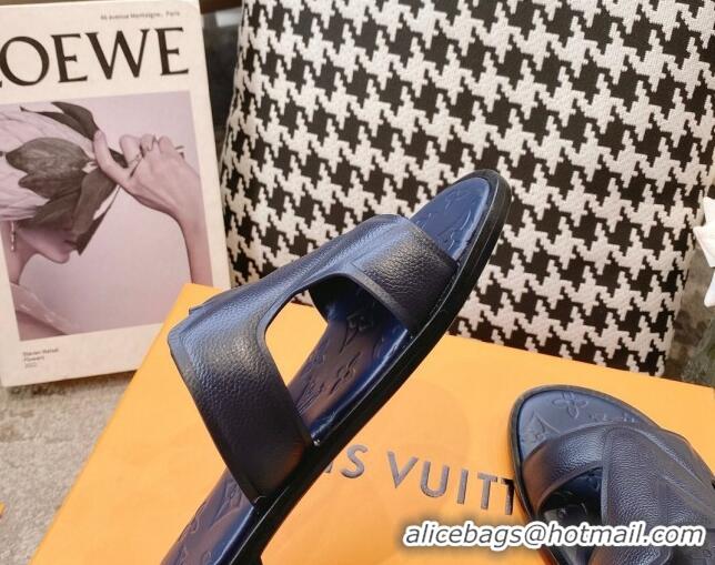 Top Design Louis Vuitton LV Oasis Flat Slide Sandals in Grained Leather Navy Blue 1AA4CB 608032