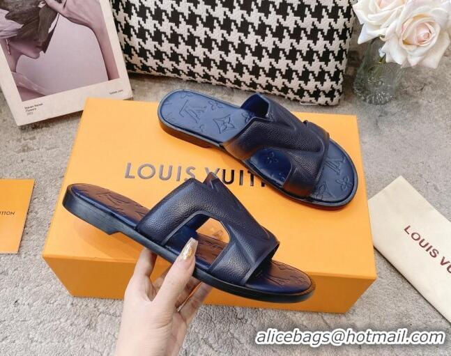 Top Design Louis Vuitton LV Oasis Flat Slide Sandals in Grained Leather Navy Blue 1AA4CB 608032