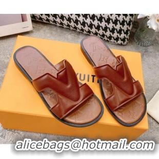 Sophisticated Louis Vuitton LV Oasis Flat Slide Sandals in Grained Leather Brown 1AA4CB 608033