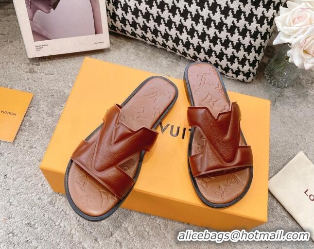 Sophisticated Louis Vuitton LV Oasis Flat Slide Sandals in Grained Leather Brown 1AA4CB 608033