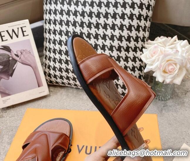 Sophisticated Louis Vuitton LV Oasis Flat Slide Sandals in Grained Leather Brown 1AA4CB 608033