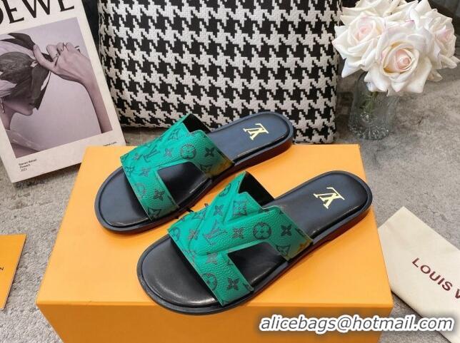 Best Price Louis Vuitton LV Oasis Flat Slide Sandals in Green Monogram Leather 608031