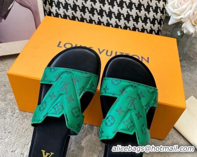 Best Price Louis Vuitton LV Oasis Flat Slide Sandals in Green Monogram Leather 608031