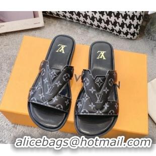 Classic Hot Louis Vuitton LV Oasis Flat Slide Sandals in Black Monogram Leather 608034