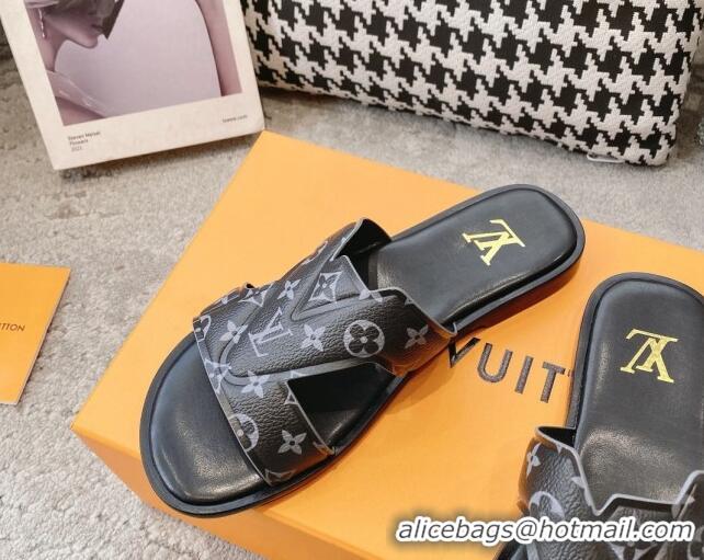 Classic Hot Louis Vuitton LV Oasis Flat Slide Sandals in Black Monogram Leather 608034