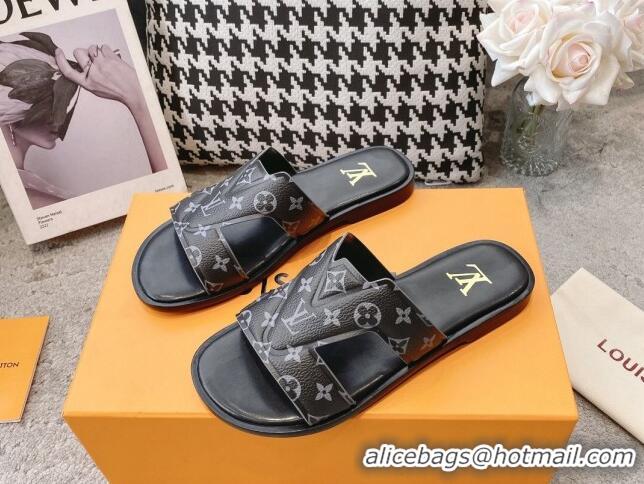 Classic Hot Louis Vuitton LV Oasis Flat Slide Sandals in Black Monogram Leather 608034