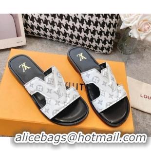 Shop Duplicate Louis Vuitton LV Oasis Flat Slide Sandals in White Monogram Leather 608037