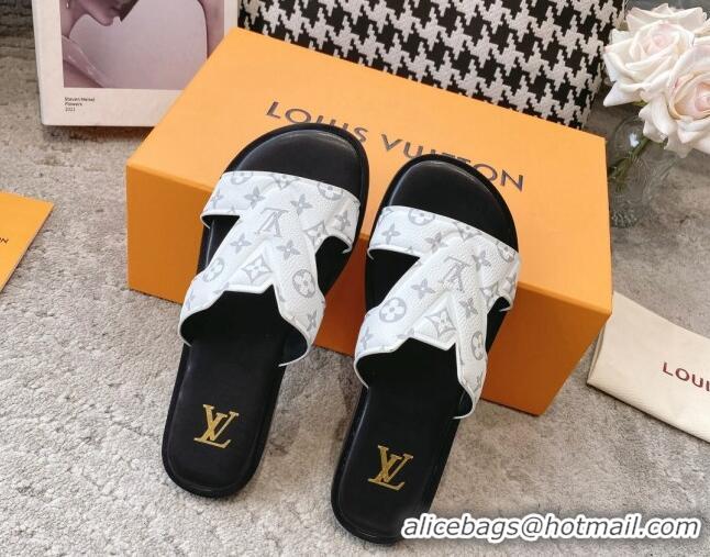 Shop Duplicate Louis Vuitton LV Oasis Flat Slide Sandals in White Monogram Leather 608037