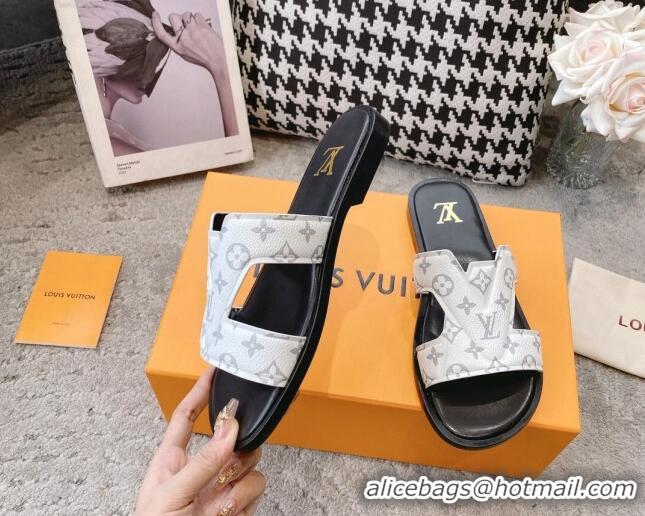 Shop Duplicate Louis Vuitton LV Oasis Flat Slide Sandals in White Monogram Leather 608037