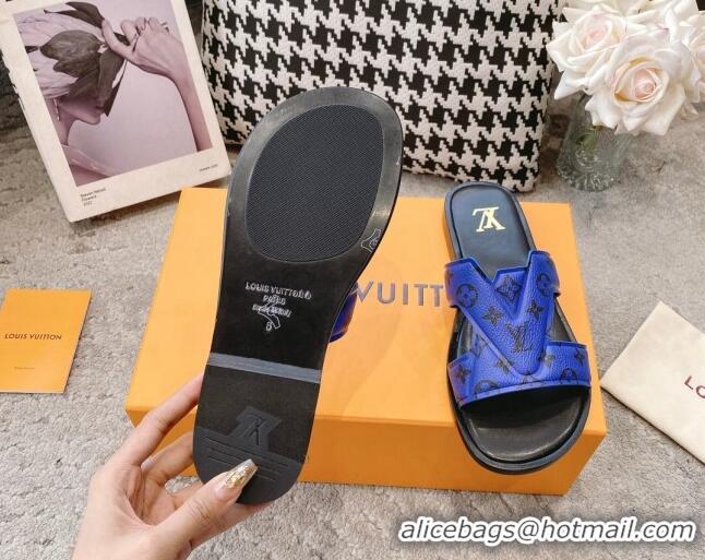 Good Quality Louis Vuitton LV Oasis Flat Slide Sandals in Blue Monogram Leather 608038