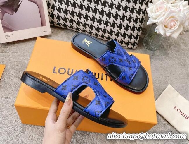 Good Quality Louis Vuitton LV Oasis Flat Slide Sandals in Blue Monogram Leather 608038