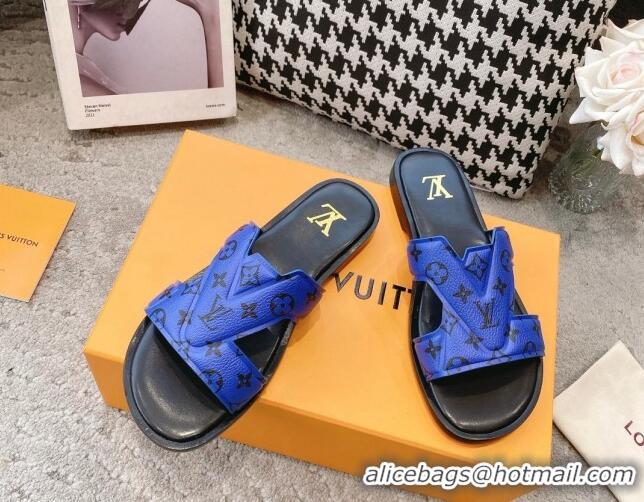 Good Quality Louis Vuitton LV Oasis Flat Slide Sandals in Blue Monogram Leather 608038