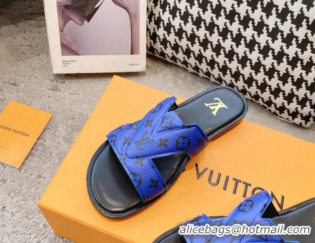 Good Quality Louis Vuitton LV Oasis Flat Slide Sandals in Blue Monogram Leather 608038