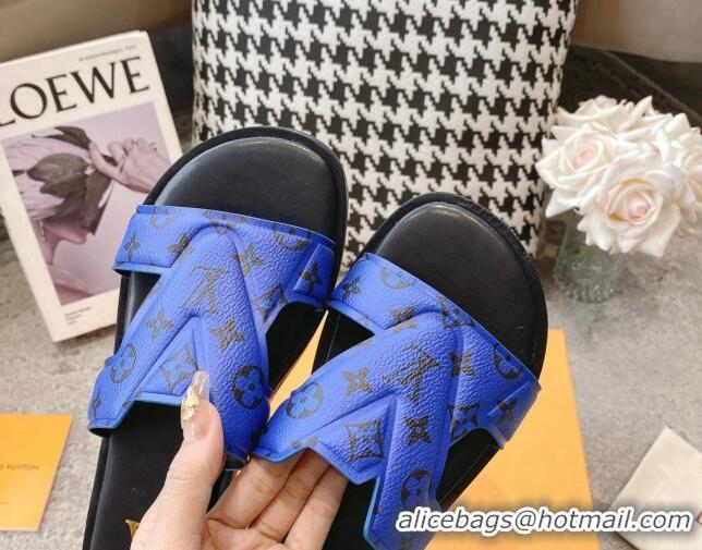 Good Quality Louis Vuitton LV Oasis Flat Slide Sandals in Blue Monogram Leather 608038