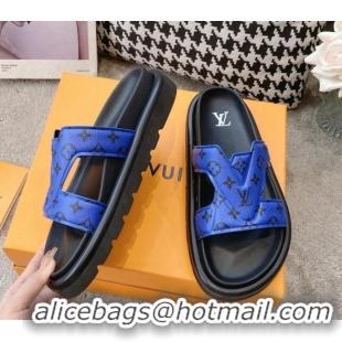 Luxurious Louis Vuitton LV Oasis Slide Sandals in Blue Monogram Leather 608041