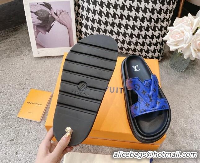 Luxurious Louis Vuitton LV Oasis Slide Sandals in Blue Monogram Leather 608041