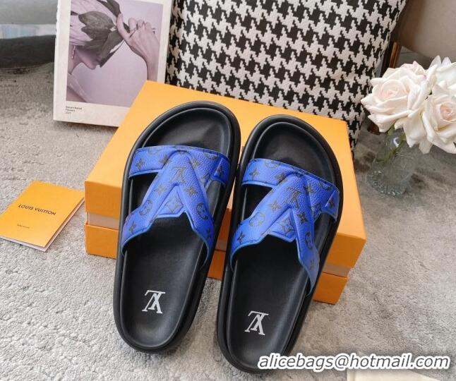 Luxurious Louis Vuitton LV Oasis Slide Sandals in Blue Monogram Leather 608041