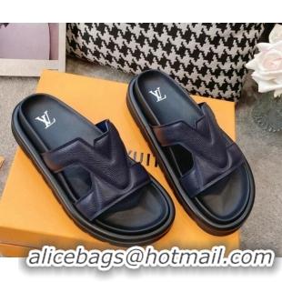 Hot Style Louis Vuitton LV Oasis Slide Sandals in Navy Blue Grained Leather 608045