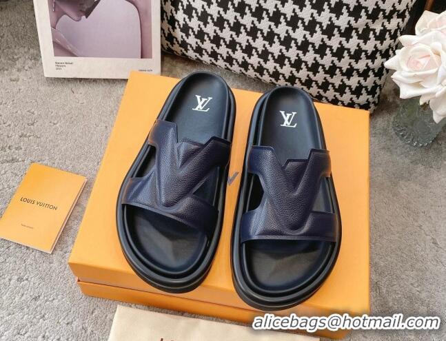 Hot Style Louis Vuitton LV Oasis Slide Sandals in Navy Blue Grained Leather 608045