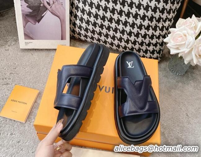 Hot Style Louis Vuitton LV Oasis Slide Sandals in Navy Blue Grained Leather 608045