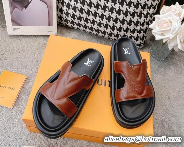 aaaaa Louis Vuitton LV Oasis Slide Sandals in Brown Grained Leather 608046