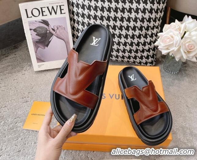 aaaaa Louis Vuitton LV Oasis Slide Sandals in Brown Grained Leather 608046