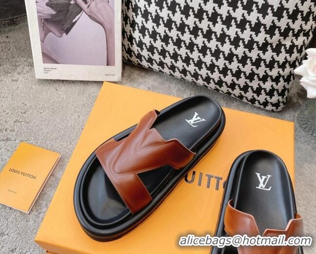 aaaaa Louis Vuitton LV Oasis Slide Sandals in Brown Grained Leather 608046