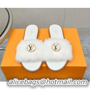 Charming Louis Vuitton LV Mink Fur Flat Slide Sandals White 609046