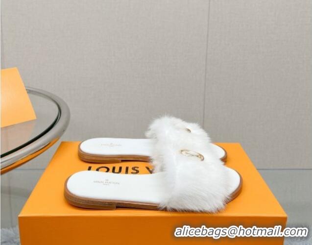 Charming Louis Vuitton LV Mink Fur Flat Slide Sandals White 609046