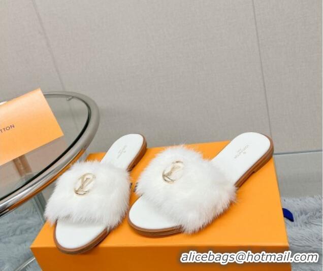 Charming Louis Vuitton LV Mink Fur Flat Slide Sandals White 609046